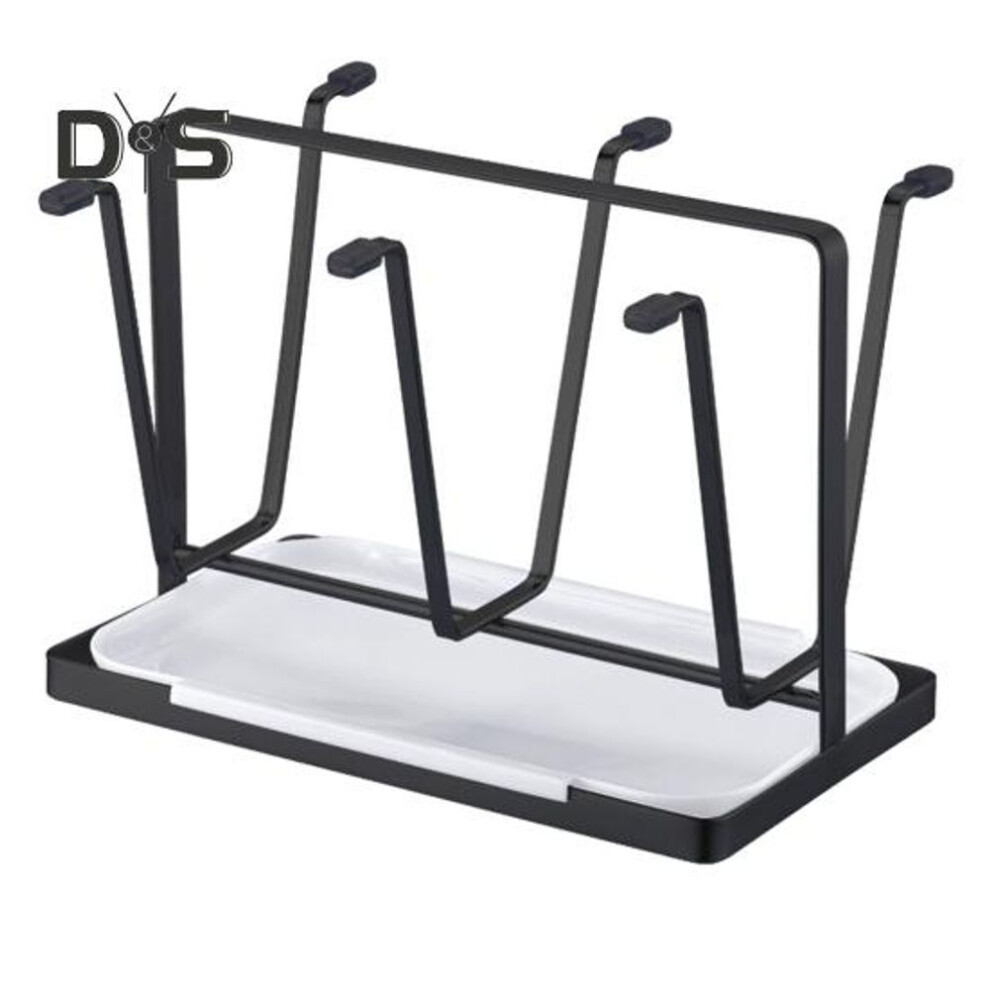 (black) Metal Cup Drying Rack Stand With Removable Drip Tray Non-slip Glasses Mugs Cups Organizer 6-cup Iron Drainer Holder For Countertop Cabinet