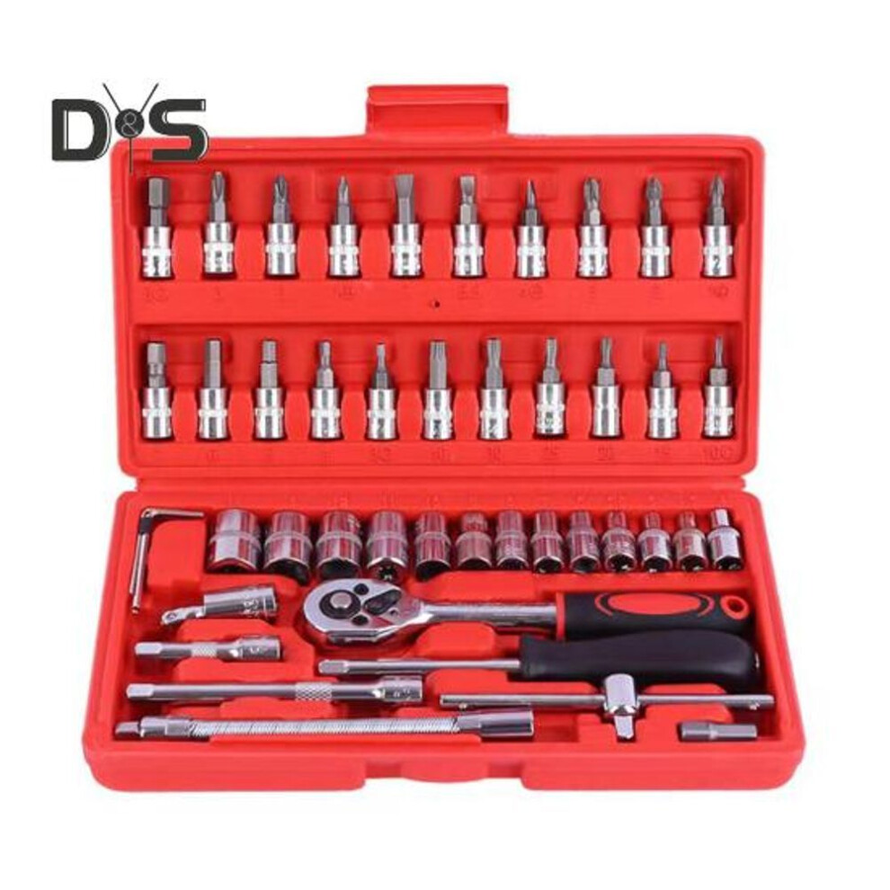 (red) 46Pcs Car Wrench Kit Strong Torque Wrenches Auto Repair Tools for Cars Bicycles Motorcycles Drive Sockets Hexagonal Kits for PH SL PZ HEX T-Drill