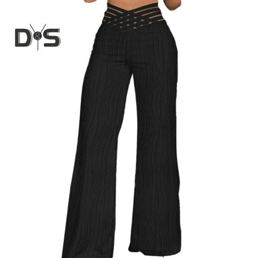 (black, M) Women Cross Mesh High Waist Long Pants Straight Wide Leg Water Wave Texture Solid Color Casual Trousers Streetwear