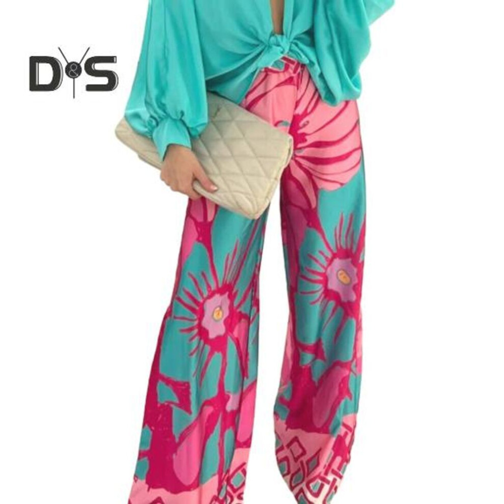 (rose red, S) Women Wide Leg Pants Summer Breathable Bohemia Flower Print Elastic Waist Loose Fit Ladies Casual Long Trousers