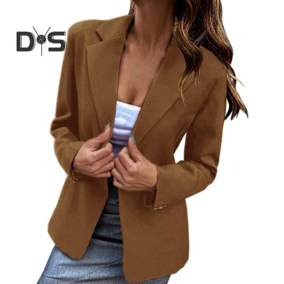 (khaki, M) Women Solid Color Blazer Notched Neck Long Sleeves Spring Autumn Casual Coat Female Slim Cardigan Blazer Jacket Business Clothes