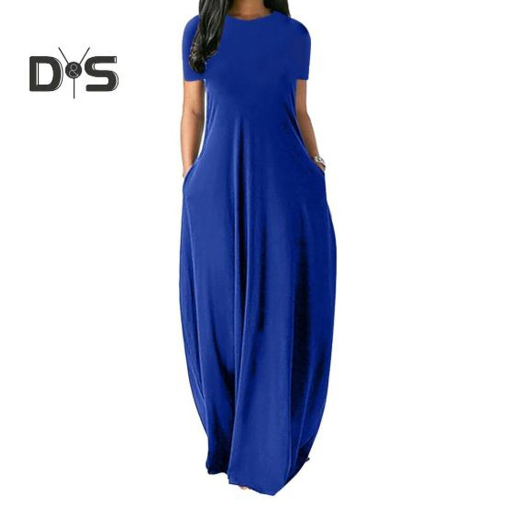 (blue, XL) Women O Neck Short Sleeve Maxi Dress Loose Hem Side Pockets High Waist Solid Color Long Dress Streetwear