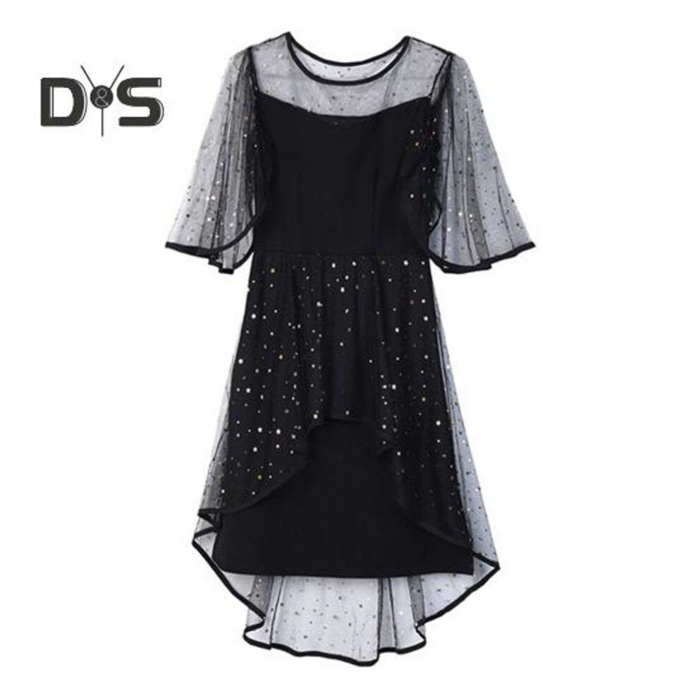 (black, L) Women Evening Dress Mesh Patchwork Irregular Round Neck Star Sequin Double-layered Ruffle Short Sleeves Prom Party Dating Mini Dress
