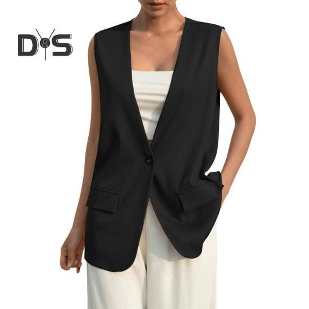 (black, M) Women Vest Sleeveless Single Button Western Style Slim Fit Cardigan Suit Coat Pure Color Deep V Neck Formal Business Style Lady Waistcoat
