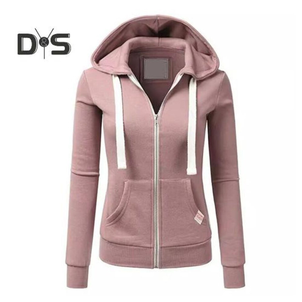 (S, pink) Fall Winter Women Jacket Drawstring Hooded Zip-up Long Sleeves Pure Color Slim Fit Elastic Cuff Cardigan Pockets Sport Fitness Coat