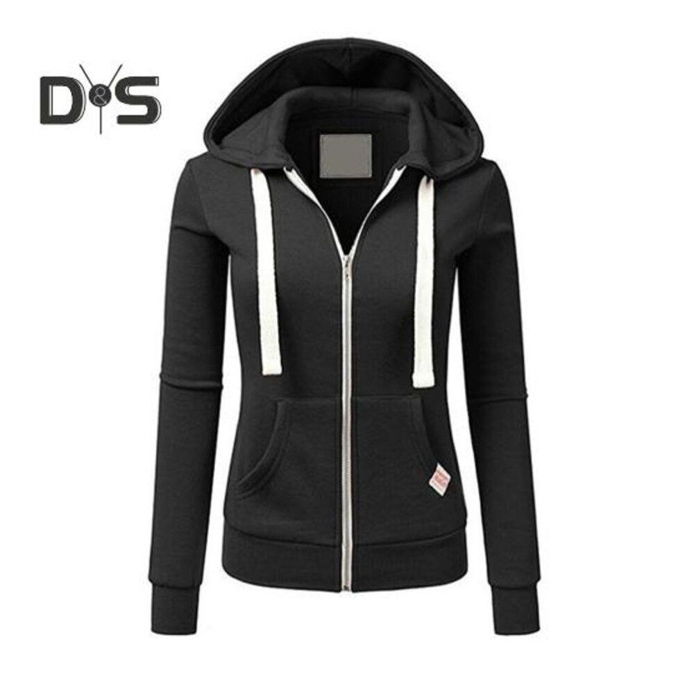 (L, black) Fall Winter Women Jacket Drawstring Hooded Zip-up Long Sleeves Pure Color Slim Fit Elastic Cuff Cardigan Pockets Sport Fitness Coat