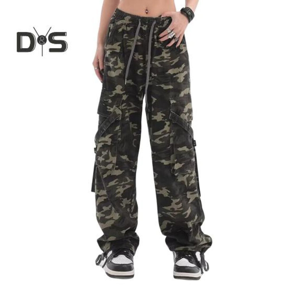(as the picture, 2XL) Women Cargo Pants Camouflage Print Multi Pockets Lace-Up Detail Long Pants Straight Wide Leg High Street Pants