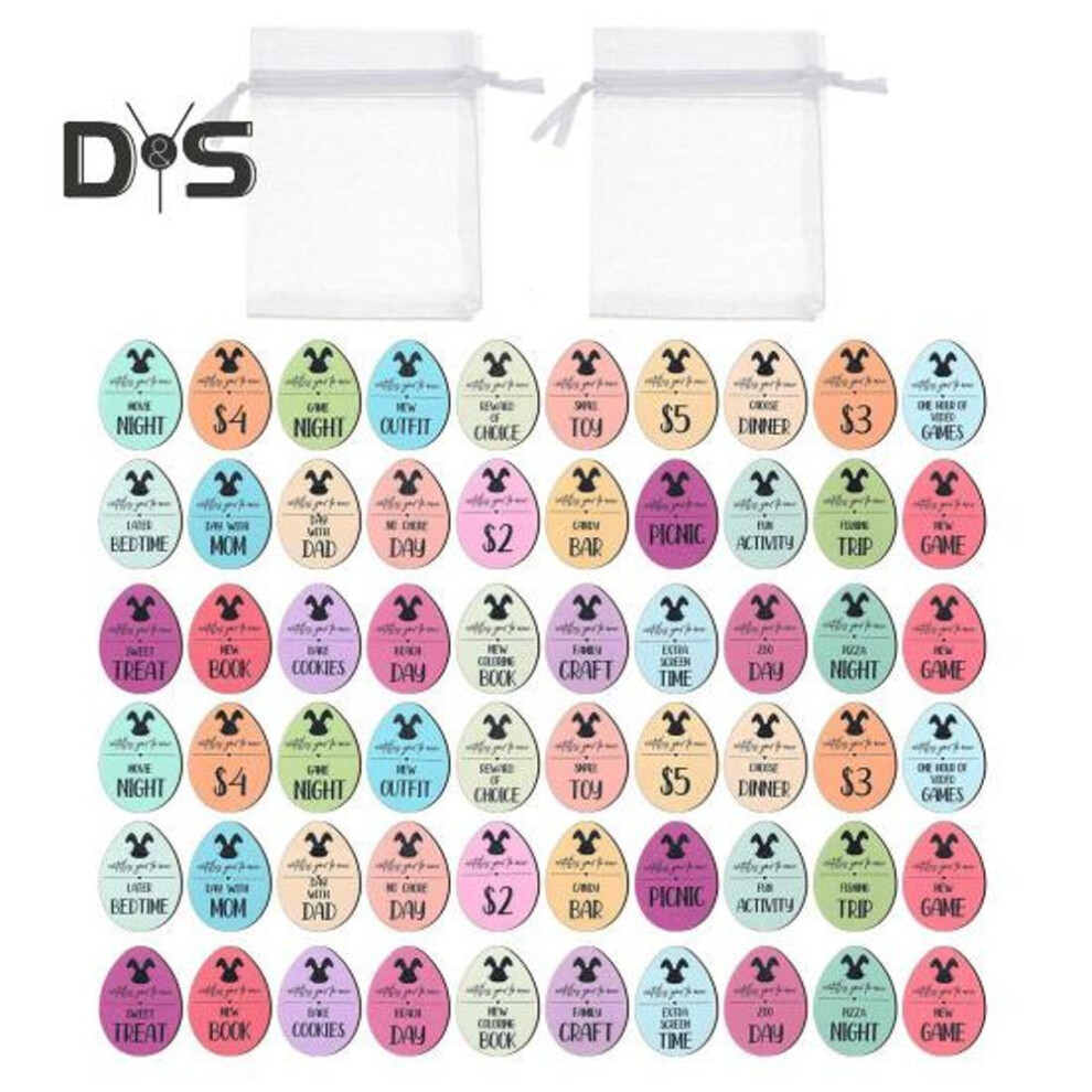 (as the picture, 60pcs) 30/60Pcs Wooden Easter Egg Tokens Set with Gift Bag 30 Different Engraved Sayings Easter Bunny Basket Stuffer Reusable Positive Rewards Easter Party
