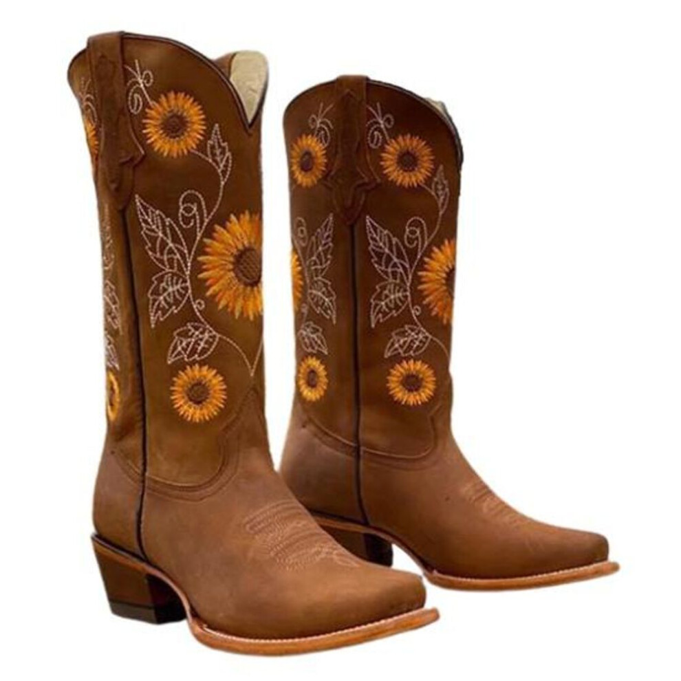 (brown, 42) Women Thick Heel Boots Fashion Sunflower Printed Knight Shoes
