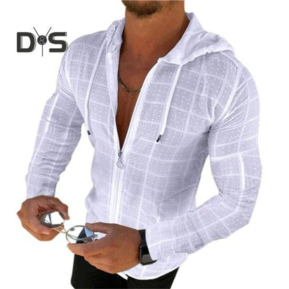 (white, L) Men's Zip Up T-shirt Hooded Plaid Long Sleeve Cardigan Hip Hop Style Casual Tee Shirt For Street Vacation Daily Wear