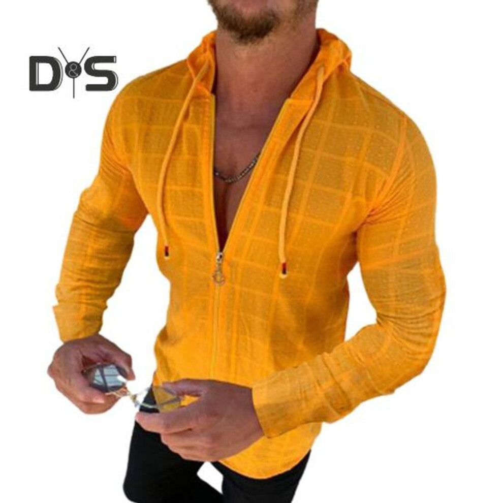 (orange, S) Men's Zip Up T-shirt Hooded Plaid Long Sleeve Cardigan Hip Hop Style Casual Tee Shirt For Street Vacation Daily Wear