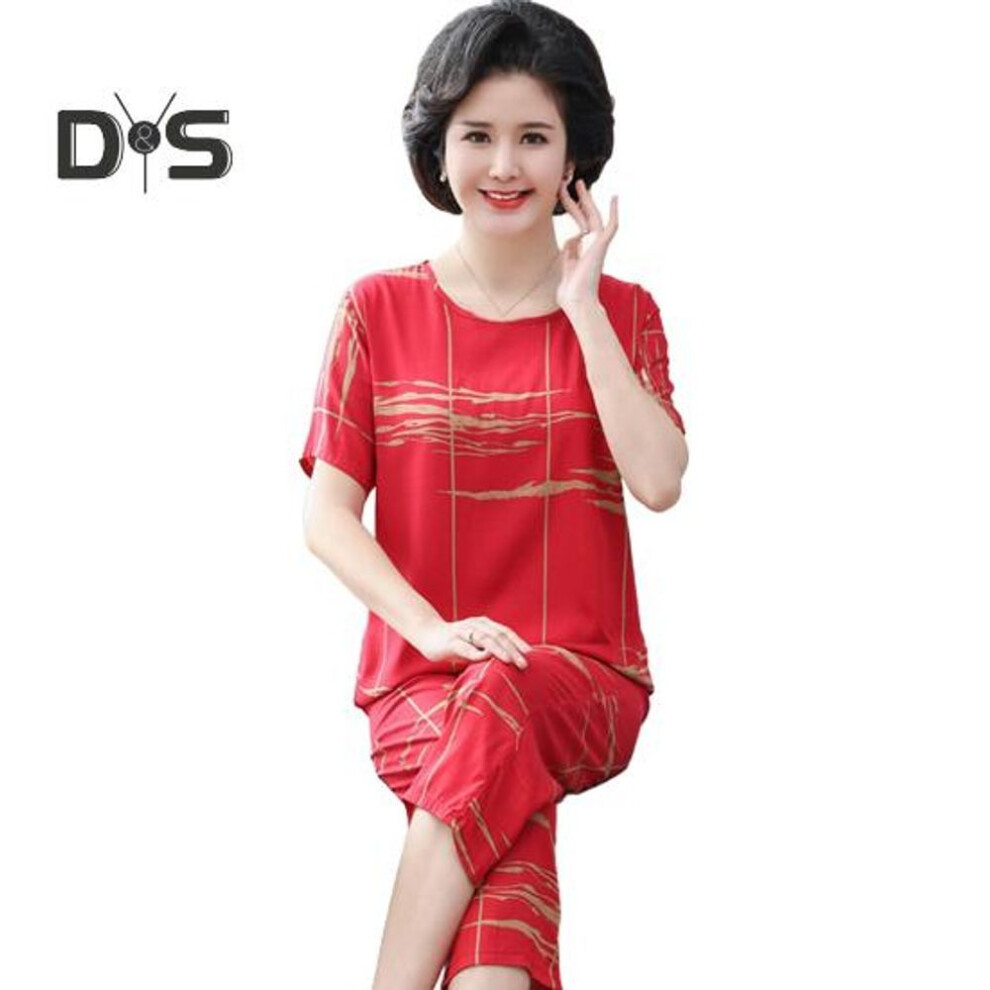 (5XL, red) 2 Pcs/set Women Top And Pants Suit Summer Pajamas Set Flower Printing Cropped Trousers Sleepwear Round Neck Plus Size T-shirt Homewear Casual Clothes