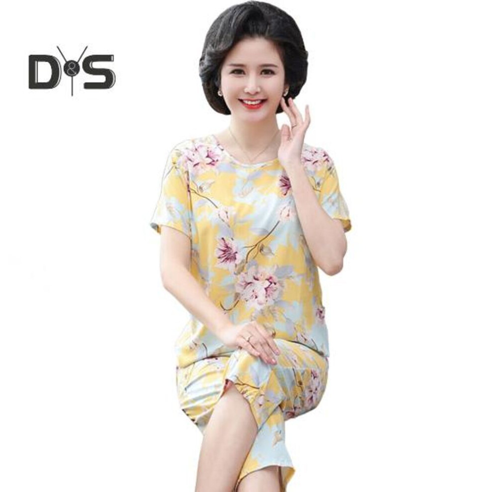 (5XL, yellow) 2 Pcs/Set Women Top And Pants Suit Summer Pajamas Set Flower Printing Cropped Trousers Sleepwear Round Neck Plus Size T-shirt Homewear Casual Clothes