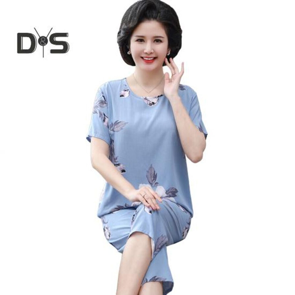 (2XL, sky blue) 2 Pcs/set Women Top And Pants Suit Summer Pajamas Set Flower Printing Cropped Trousers Sleepwear Round Neck Plus Size T-shirt Homewear Casual Clothes
