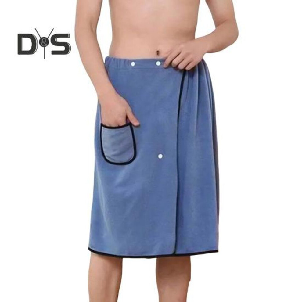(blue) Men Bath Skirt Towel with Pocket Coral Fleece Quick Absorbent Adjustable Waist Button Closure Towel Wrap Sauna Towels Men Wrap Robe for Gym Spa Beach