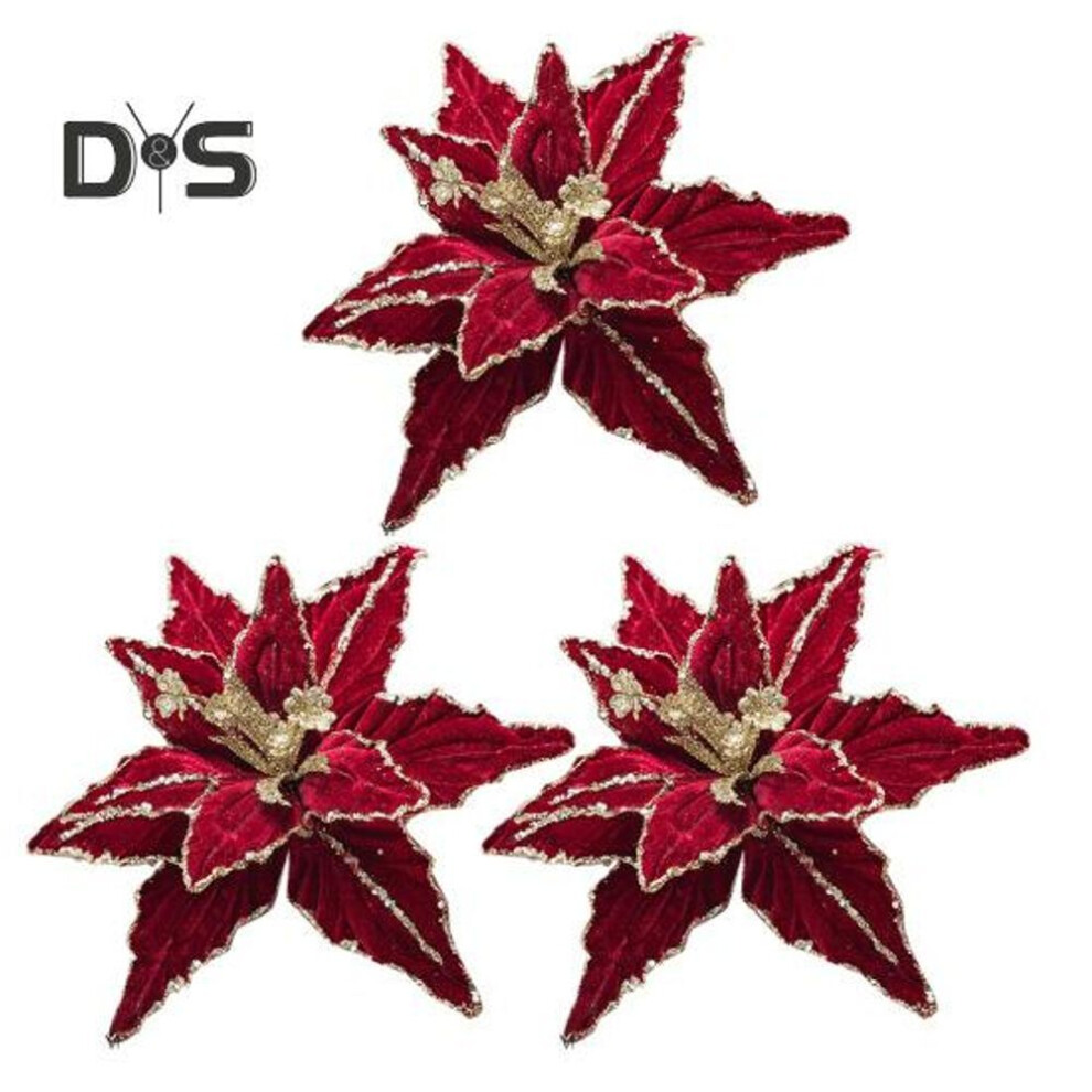 (wine red, 3pcs) 3 Pcs Christmas Glitter Flowers Artificial Poinsettia Flower Xmas Tree Wreath Ornaments For Holiday Wedding Party Diy Decoration Flower Arrangement