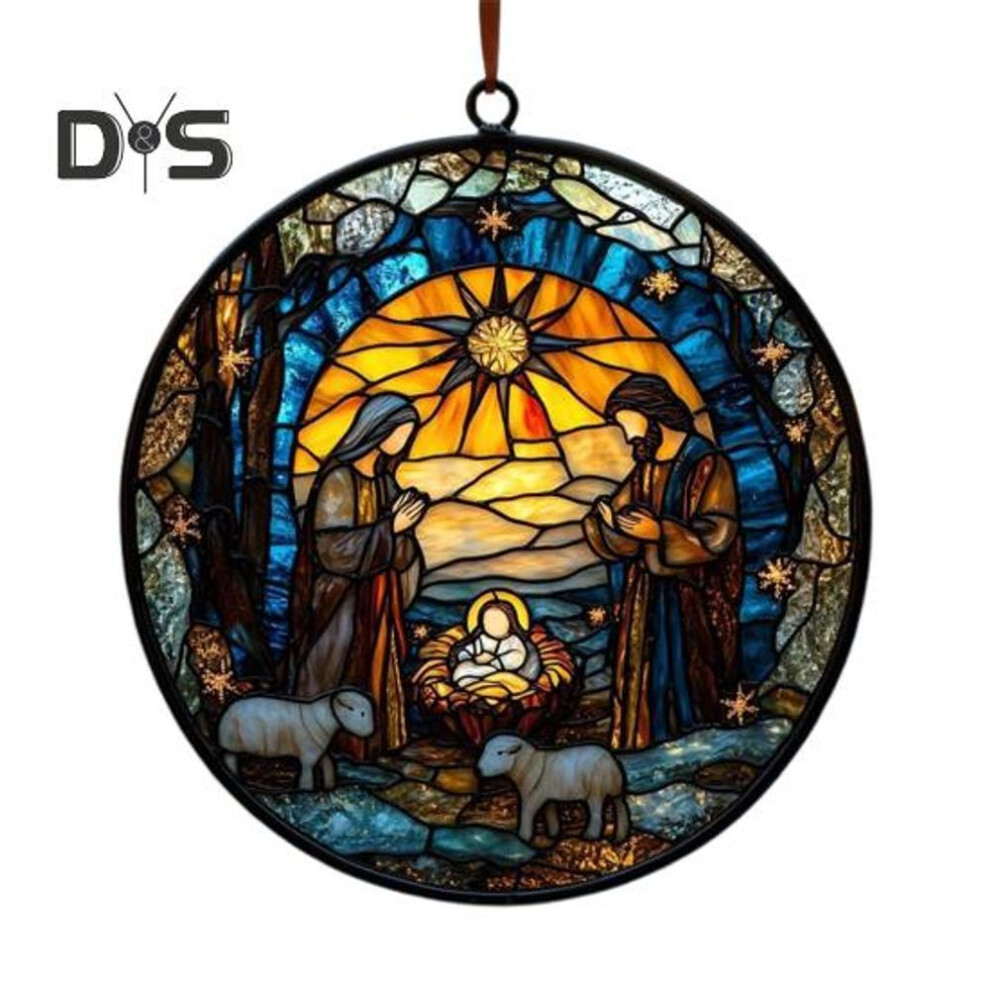 (as the picture, A) Christmas Nativity Scene Ornament Handmade Round Sun Catcher Baby's First Christmas Christian Religious Gift for Tree Window Decor
