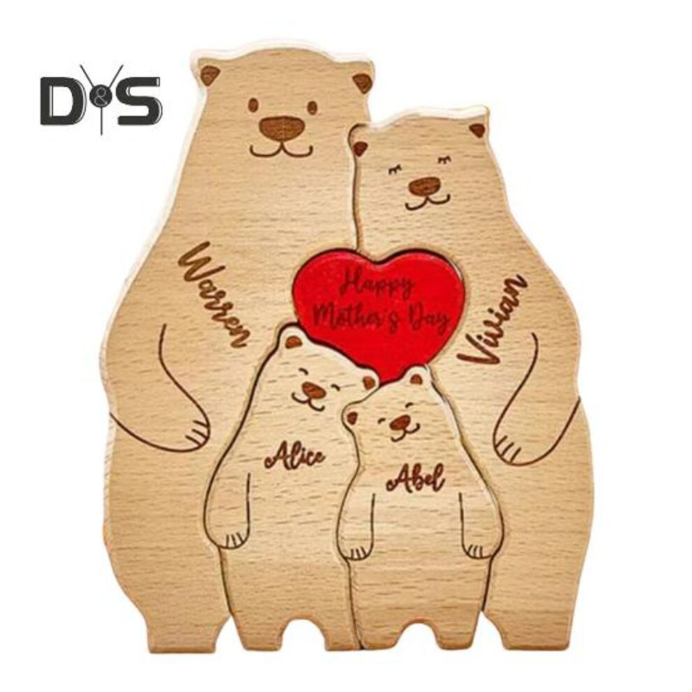 (as the picture, 4pcs) 1 Set Wooden Bear Family Puzzle Ornament Love Heart Hugging Mother Father Baby Bear Jigsaw Table Sign Home Office Bookshelf Desktop Decoration