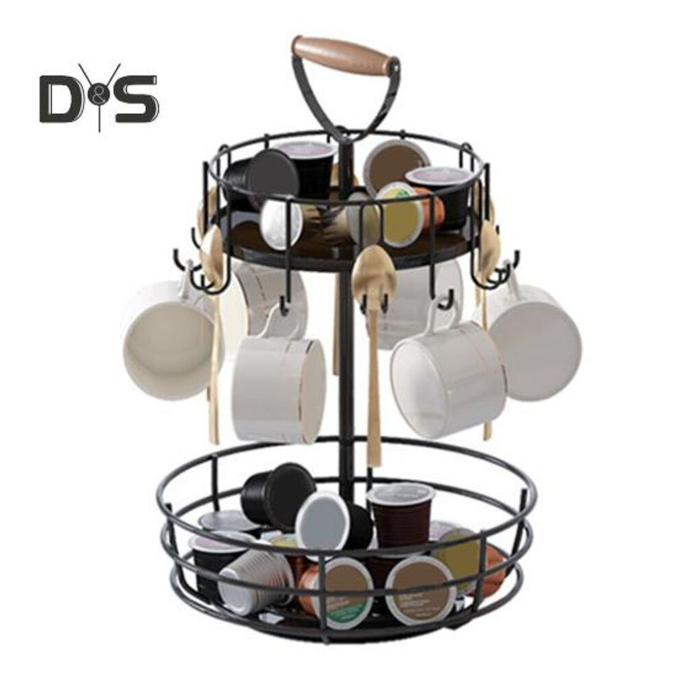 (as the picture, A) Double Layer Storage Rack Coffee Cup Holder Rotatable Design Large Capacity Kitchen Countertop Organizer With Hook