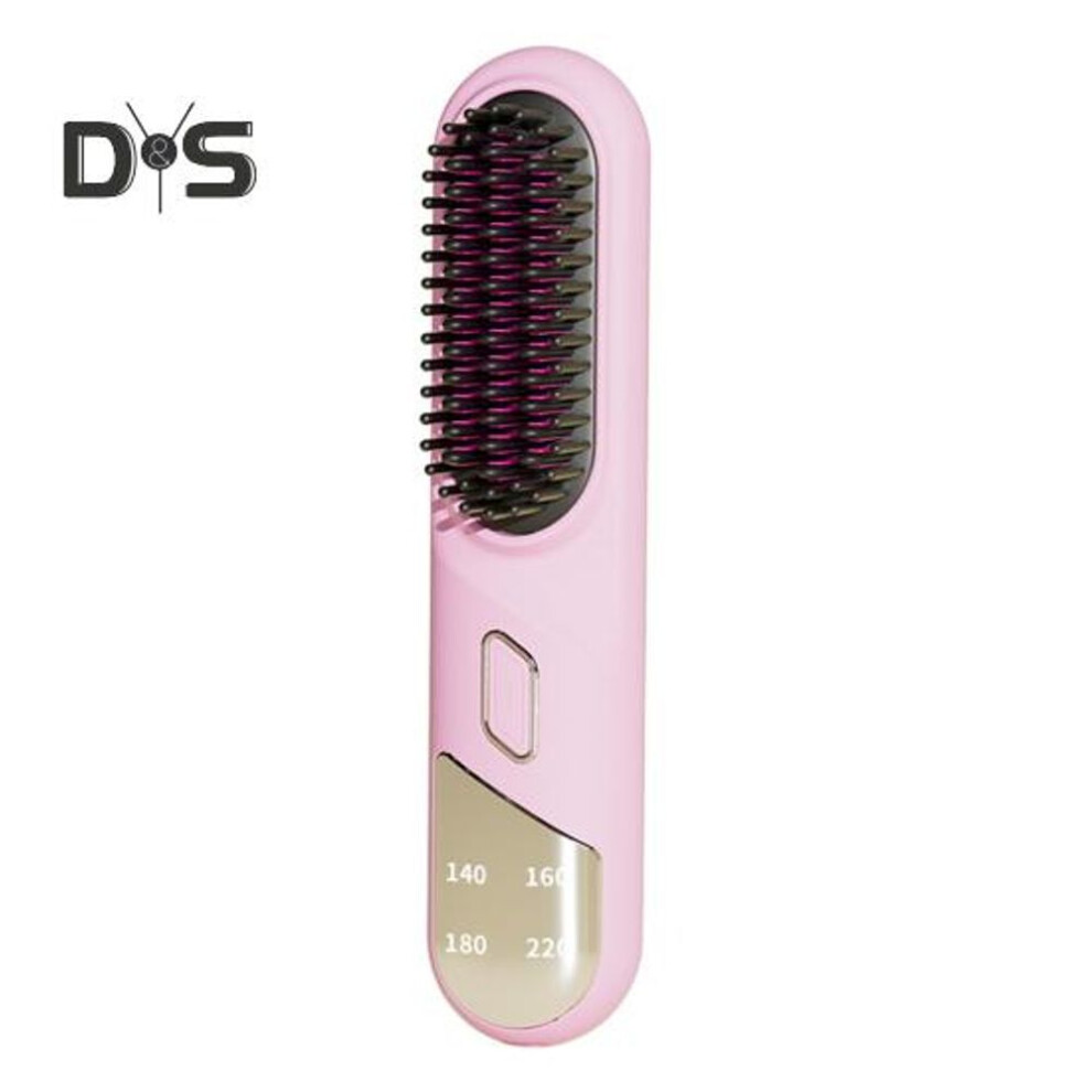(pink) Hair Straightener Brush 4 Temperatures Adjustable Fast Heating Type-c Rechargeable Cordless Negative Ions Hot Brush Electric Fluffy Curly Hair