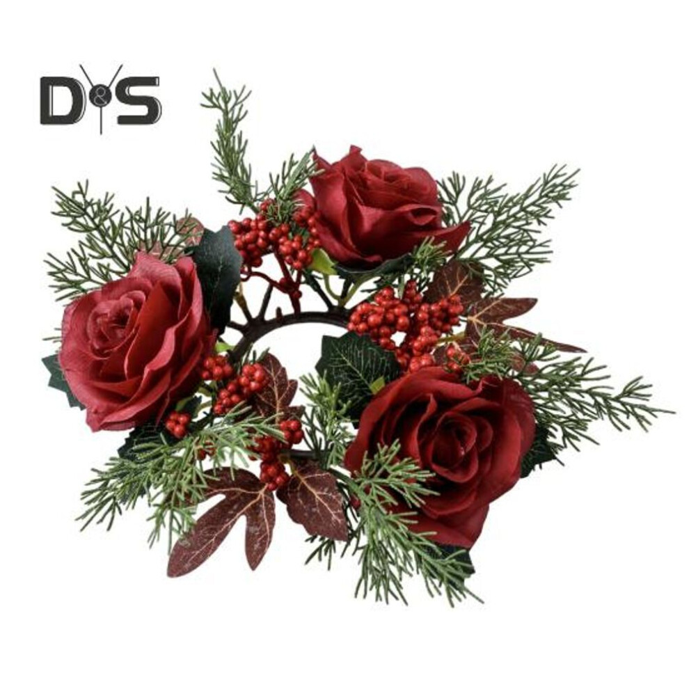Artificial Flower Candle Ring Wreath Handmade Plastic Crimson Rose Berries Candle Holder For Christmas Thanksgiving Home Party Table Decor