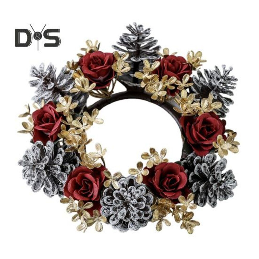 Christmas Candle Ring Wreath Artificial Pine Cone Rose Candle Rings Handmade Table Decoration for Wedding Party Christmas Thanksgiving Decor