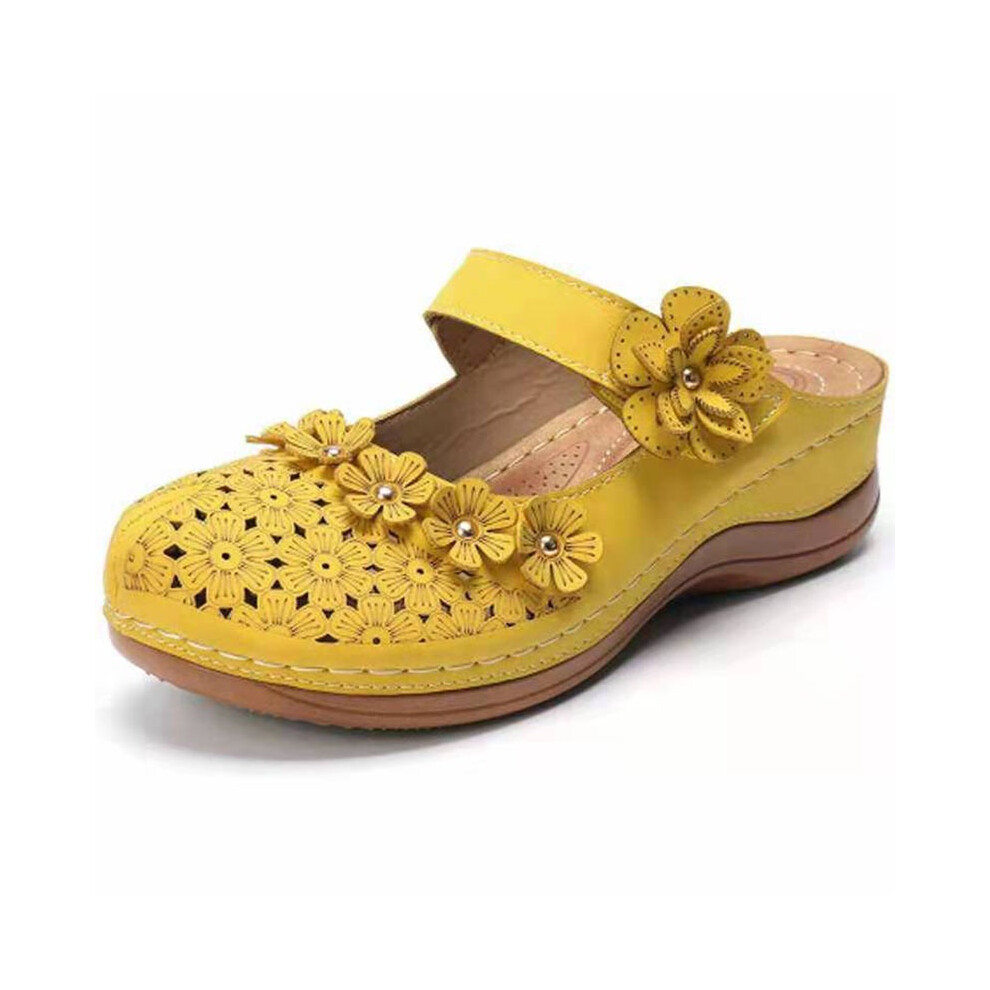 (Yellow,EU36)Sandales à enfiler femme été bout ouvert fleuries plage marche chaussures compensées talon