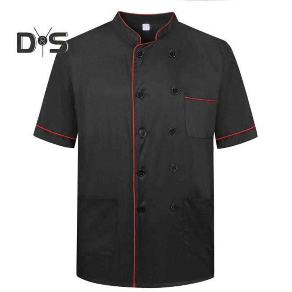 (black, 2XL) Unisex Stand Collar Short Sleeve Chef Uniform Line Decor Double Breasted Patch Pocket Restaurant Bakery Waiter Uniform Cooking Tops