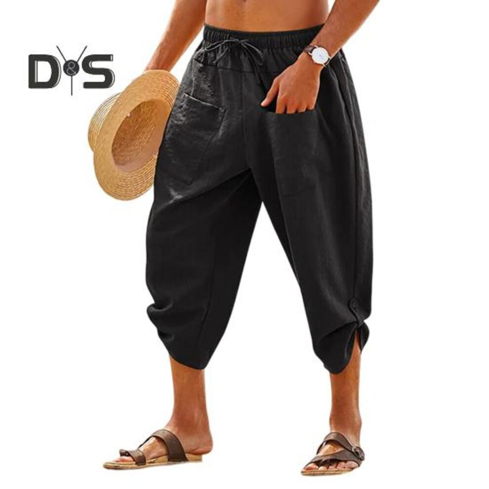(black, 2XL) Men Cropped Pants Elastic Waist Solid Color Drawstring Soft Breathable Casual Patch Pockets Mid calf Length Beach Trousers