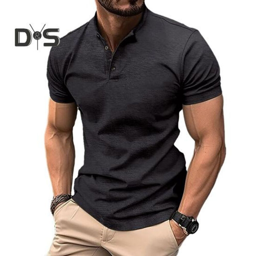(black, M) Men Summer Shirt Round Collar Short Sleeves Solid Color Pullover Buttons Soft Breathable Casual Mid Length Men Daily Commute Top