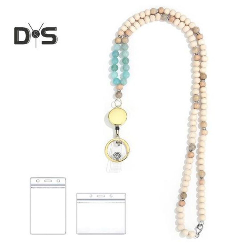 (Other, C) Women Lanyard Retractable Id Holder Cord Natural Wood Beads Stainless Steel Clasp Teacher Keychain School Accessory