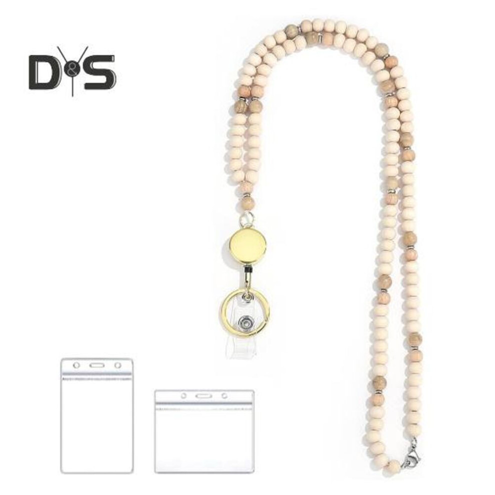 (Other, A) Women Lanyard Retractable Id Holder Cord Natural Wood Beads Stainless Steel Clasp Teacher Keychain School Accessory