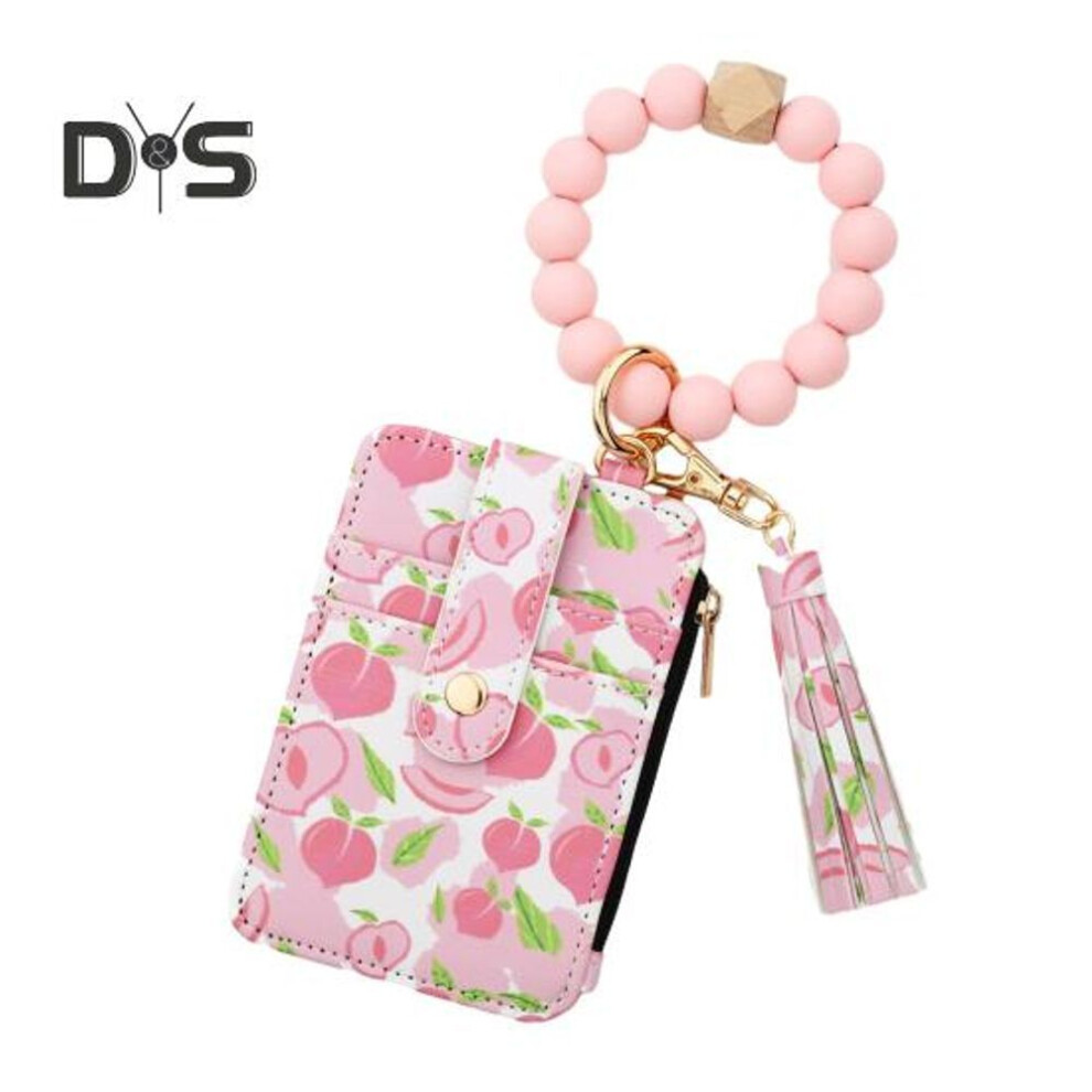 (as the picture, F) Women's Keychain Wallet With Bracelet Fruit Printed Boho Style Credit Card Holder With Beaded Tassel Ladies Wristlet Purse For Keys Cards Coins