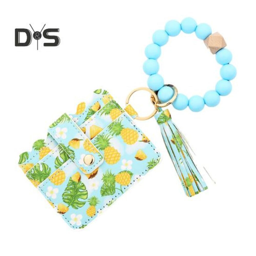 (as the picture, D) Women's Keychain Wallet With Bracelet Fruit Printed Boho Style Credit Card Holder With Beaded Tassel Ladies Wristlet Purse For Keys Cards Coins
