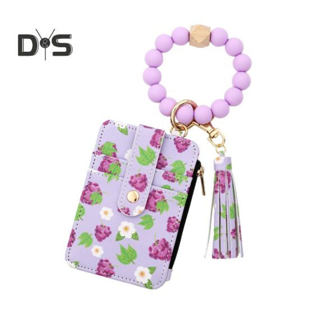 (as the picture, I) Women's Keychain Wallet With Bracelet Fruit Printed Boho Style Credit Card Holder With Beaded Tassel Ladies Wristlet Purse For Keys Cards Coins