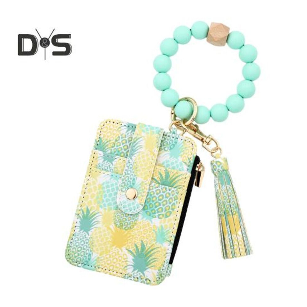(as the picture, G) Women's Keychain Wallet with Bracelet Fruit Printed Boho Style Credit Card Holder with Beaded Tassel Ladies Wristlet Purse for Keys Cards Coins