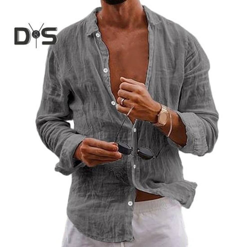(M, grey) Men Lapel Long Sleeve Shirt Tops Pleated Thin Solid Color Single Breasted V Neck Casual Style Breathable Shirt