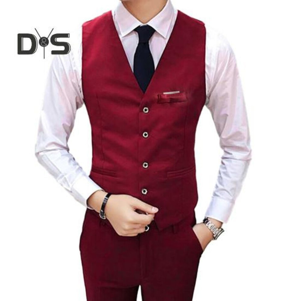 (2XL, wine red) Men Suit Vest Waistcoat V Neck Sleeveless Solid Color Slim Fit Single breasted Cardigan Formal Business Coat Groom Wedding Coat
