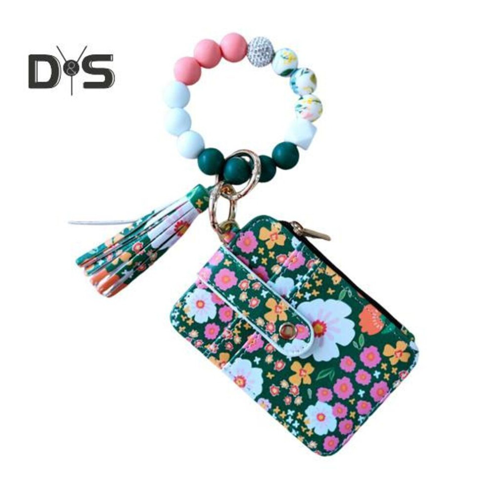 (as the picture, E) Ladies Floral Wristlet Wallet Boho Style Coin Purse Keychain With Tassel Elastic Beaded Wristlet Wallet With Id Card Window For Shopping Travel Daily