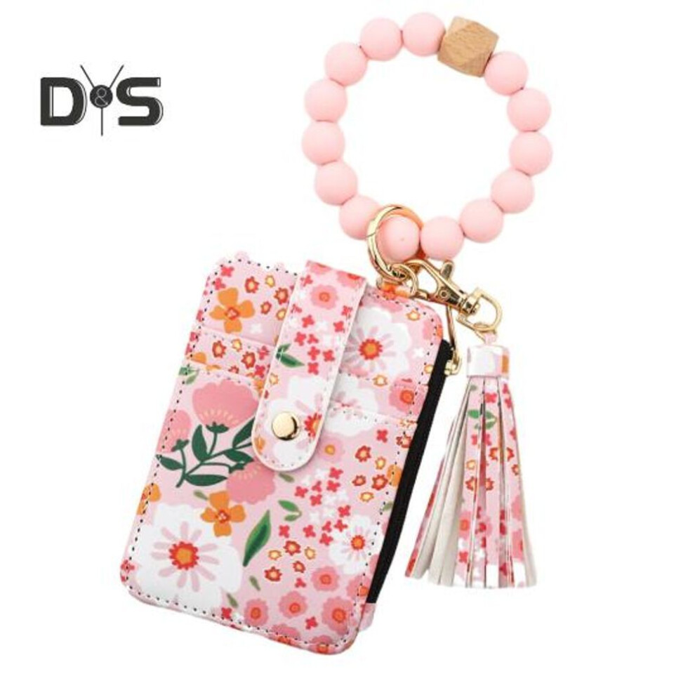 (light pink) Ladies Wristlet Wallet Boho Style Card Holder Floral Print Purse Beaded Wristlet Keychain with Tassel for Daily Outings Vacation