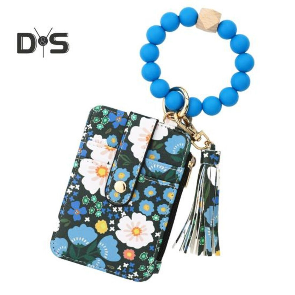 (dark blue) Ladies Wristlet Wallet Boho Style Card Holder Floral Print Purse Beaded Wristlet Keychain with Tassel for Daily Outings Vacation