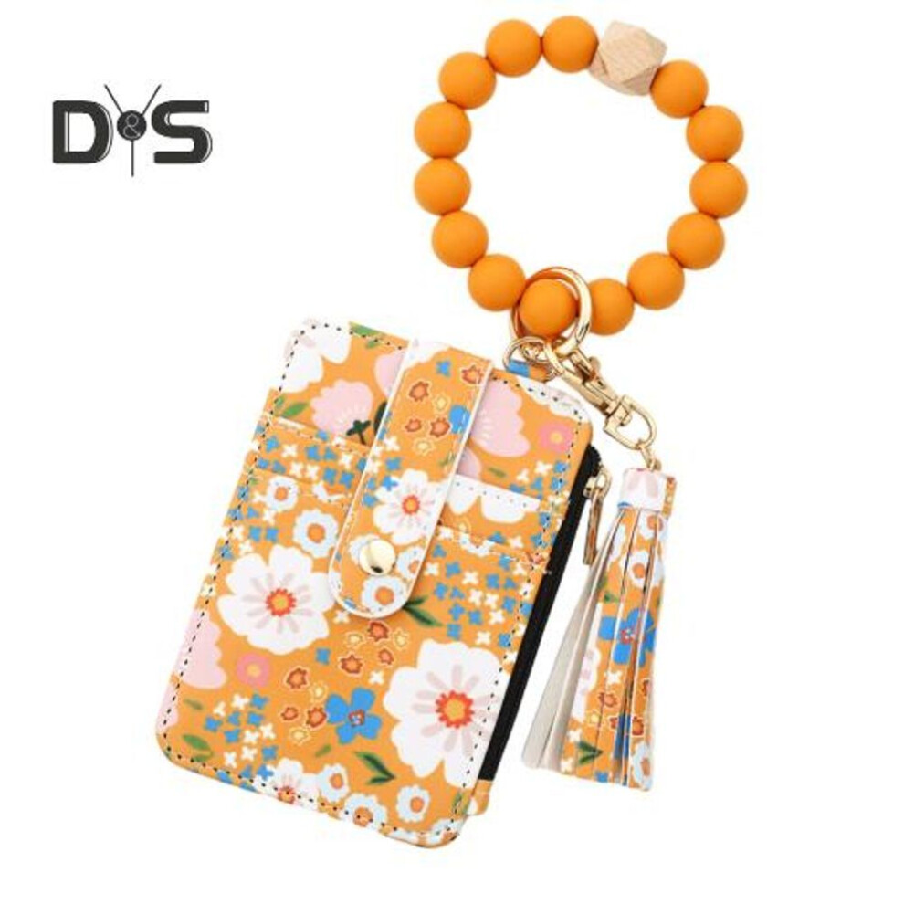 (yellow) Ladies Wristlet Wallet Boho Style Card Holder Floral Print Purse Beaded Wristlet Keychain with Tassel for Daily Outings Vacation