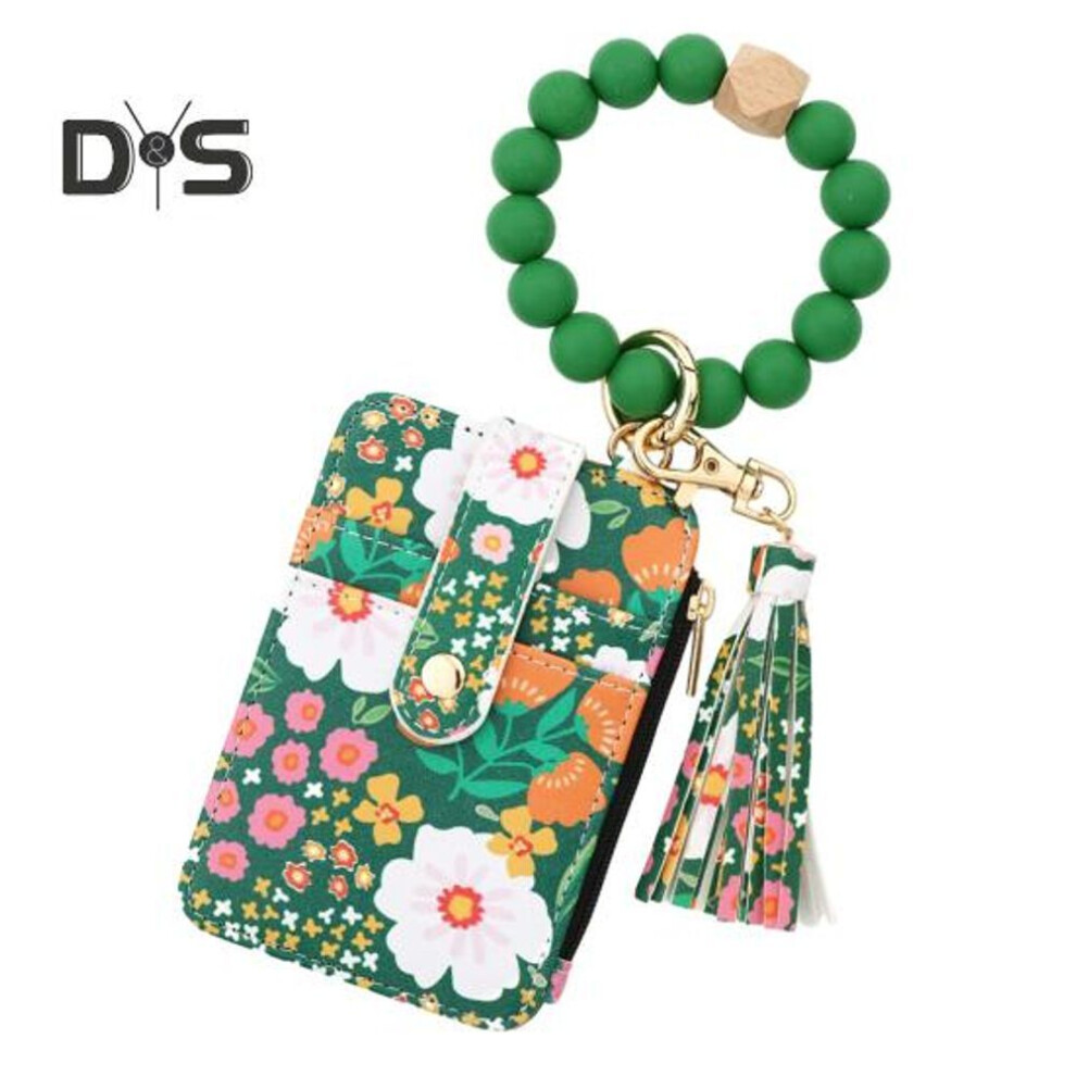 (green) Ladies Wristlet Wallet Boho Style Card Holder Floral Print Purse Beaded Wristlet Keychain With Tassel For Daily Outings Vacation