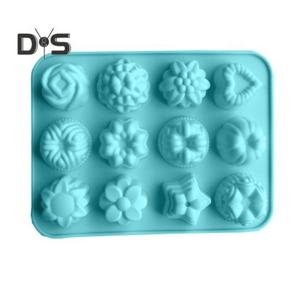 (blue) Non sticky Heat Resistant 12 Cavities Cake Mold Rose Flowers Heart Shape Silicone Pastry Mold Kitchen Gadget