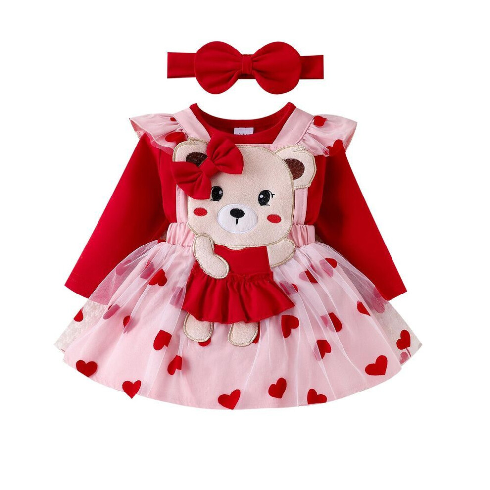 (red, 0-3 Months) Baby Girls Spring Outfits Long Sleeve Romper + Heart Suspender Skirt + Headband Set Newborn Clothes