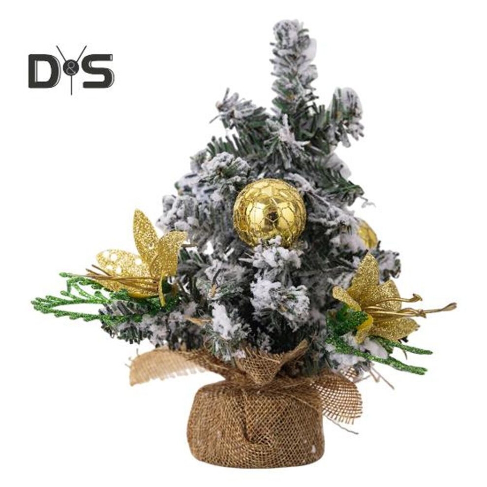 (golden) Christmas Tree Ornaments Mini Artificial Snow Flocked Xmas Tree with Ball Flower Home Office Classroom Desktop Decor