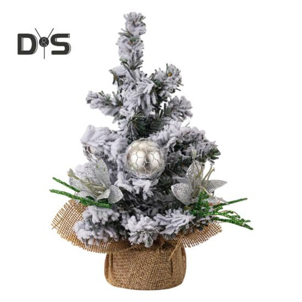 (silver) Christmas Tree Ornaments Mini Artificial Snow Flocked Xmas Tree With Ball Flower Home Office Classroom Desktop Decor