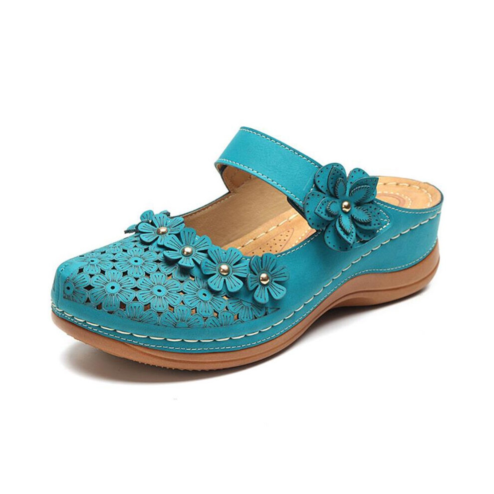 (Blue,EU39)Sandales à enfiler femme été bout ouvert fleuries plage marche chaussures compensées talon