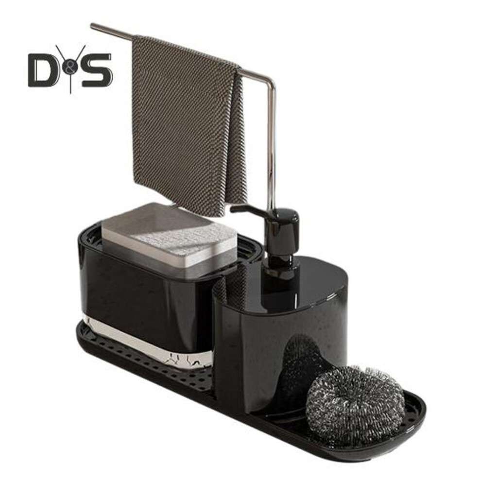 (black) Countertop Storage Rack Sponge Holder with Soap Dispenser Kitchen Sink Caddy Organizer Quick-Drying Sink Tray