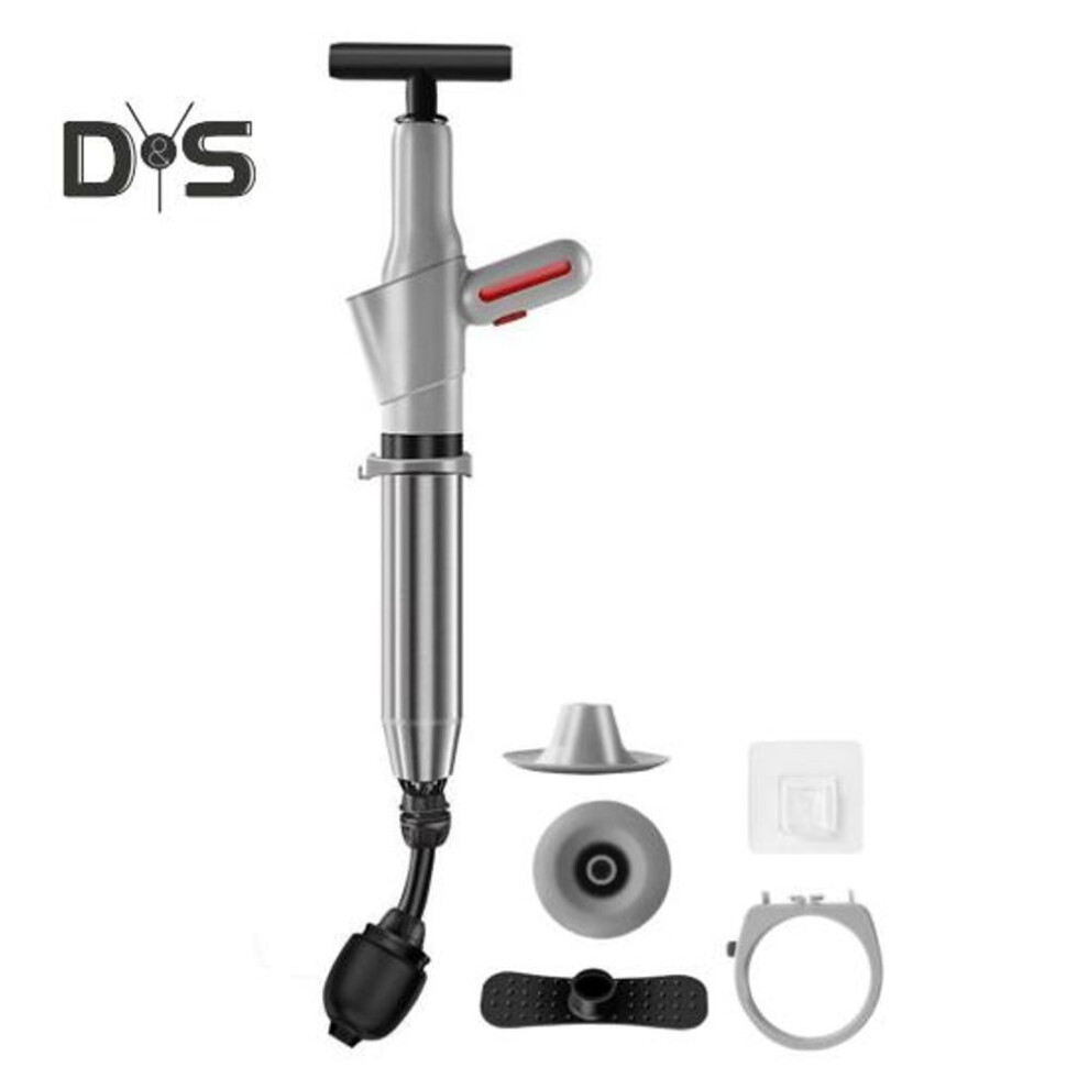 (grey) Toilet Plunger Air Pressure Indicator Stainless Steel Drain Clog Remover Tool With 4 Dredge Heads High-pressure Air Plunger